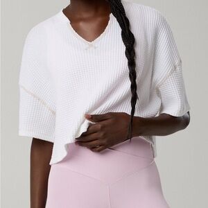 aerie White Waffle Knit Cropped Short-Sleeve Top